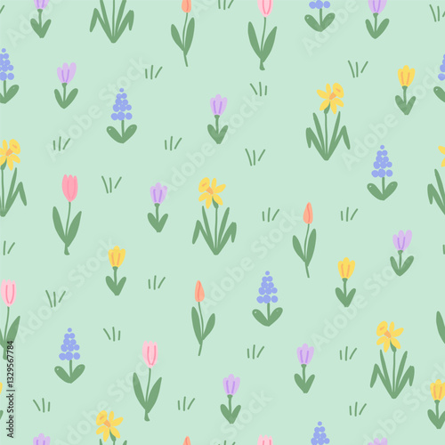 Colorful Spring Flowers Seamless Pattern