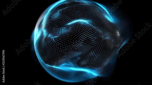 Glowing blue 3D wireframe sphere composed of a complex grid pattern with flowing particles and dynamic movement creating an abstract futuristic and hi tech visual effect