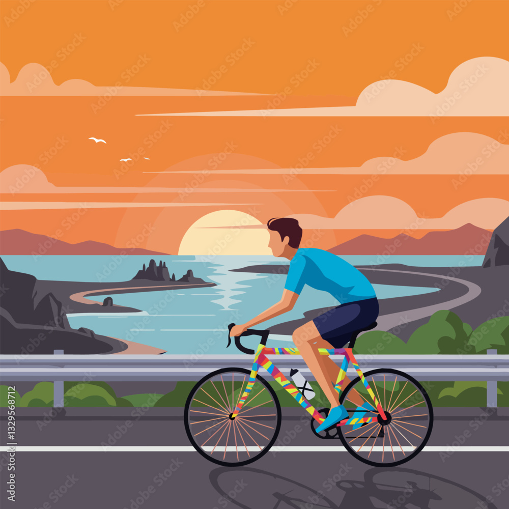Fototapeta premium Man Cycling Along Coastal Road with Sunset Over the Ocean