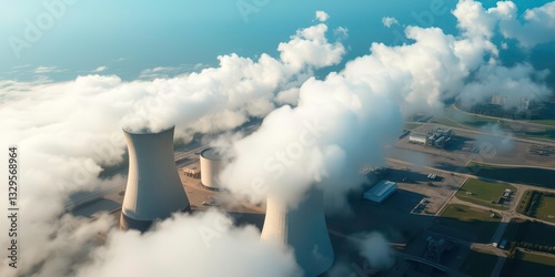  Aerial View of a Nuclear Power Station with Tall Cooling Towers and White Steam