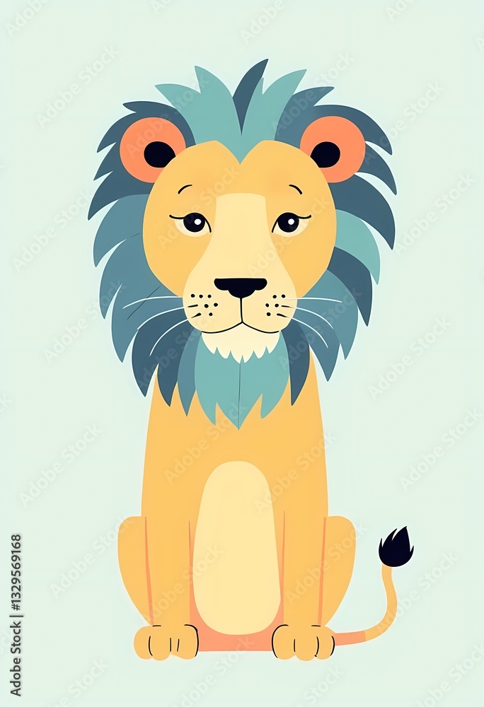Obraz premium Adorable Cartoon Lion. a charming and minimalist illustration of a sitting lion, rendered in a simple, cartoonish style against a light background. 