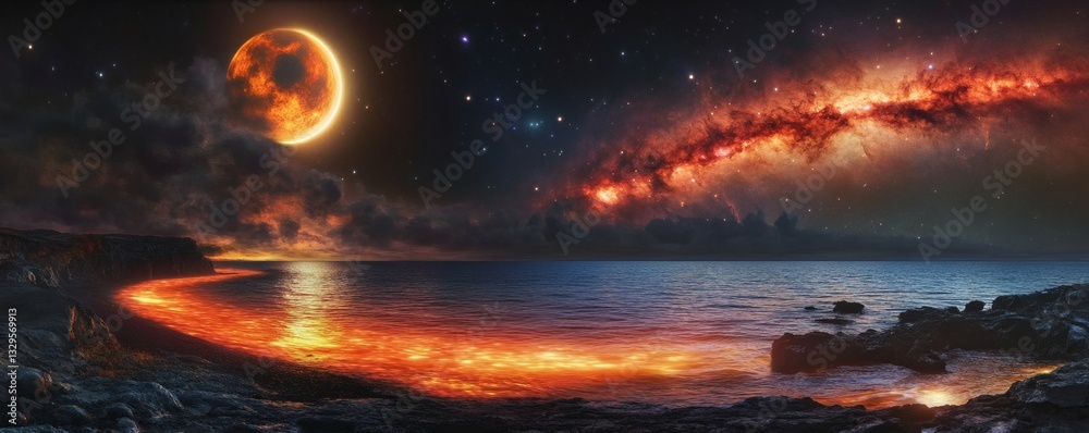 Fototapeta premium A fiery planet landscape reflecting in the vast cosmic ocean