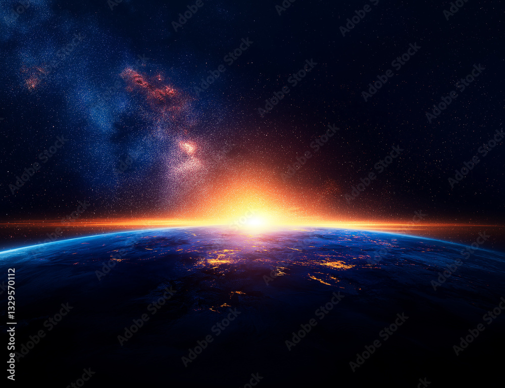Fototapeta premium stunning view of Earth from space, showcasing vibrant sunrise over horizon with starry sky in background, evoking sense of wonder and beauty