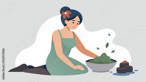 A woman receives a rejuvenating thermal mud wrap allowing the minerals to replenish her skin and detoxify her body.. Vector illustration