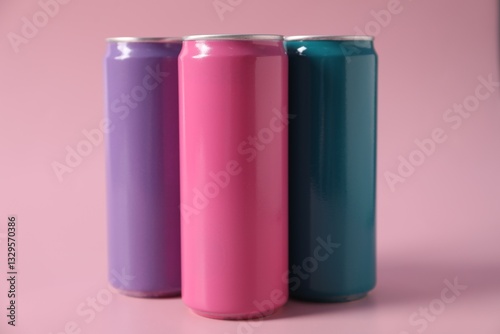 Colorful aluminium cans of beverage on pink background