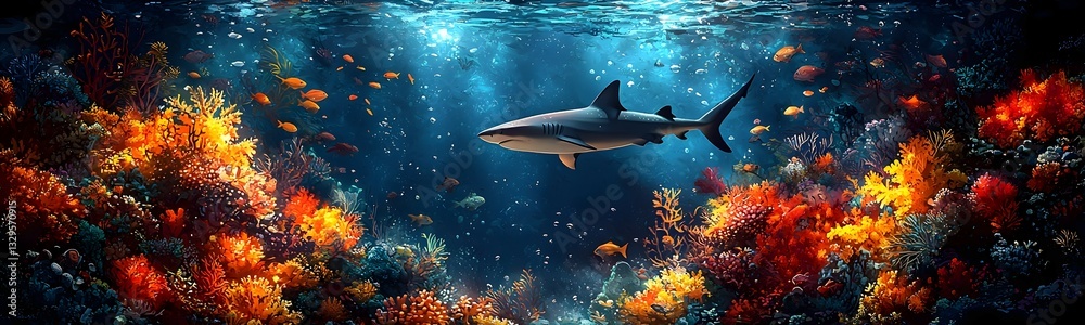 Fototapeta premium Dramatic Coral Reef With Glowing Branches and Silhouetted Shark in Colorful Underwater Scene