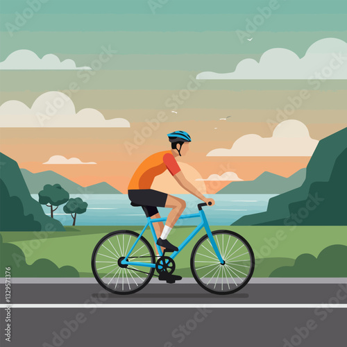 Person Biking on Road at Sunset with Lake and Mountain View