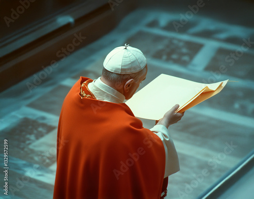 A Vatican cardinal in red robes holds a crucial document near a historic building, symbolizing an important message about to be delivered.