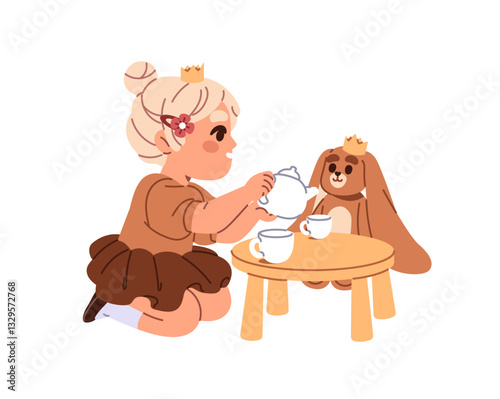 Happy little girl plays tea party with plush friend bunny. Cute kid pours drink from teapot into cup for stuffed toy. Child has fun on the table in nursery. Flat isolated vector illustration on white.