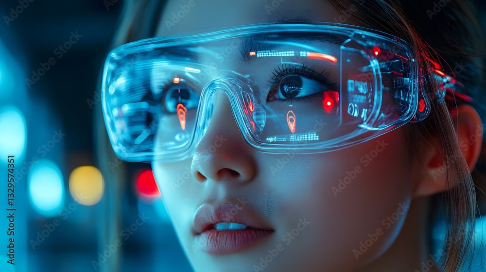 Stylish woman wears AI-powered smart glasses with an interactive display while walking in a futuristic shopping mall. The high-tech scene is ideal for fashion tech ads or articles on future shopping. Stylish woman wears AI-powered smart glasses with an interactive display while walking in a futuristic shopping mall. The high-tech scene is ideal for fashion tech ads or articles on future shopping.