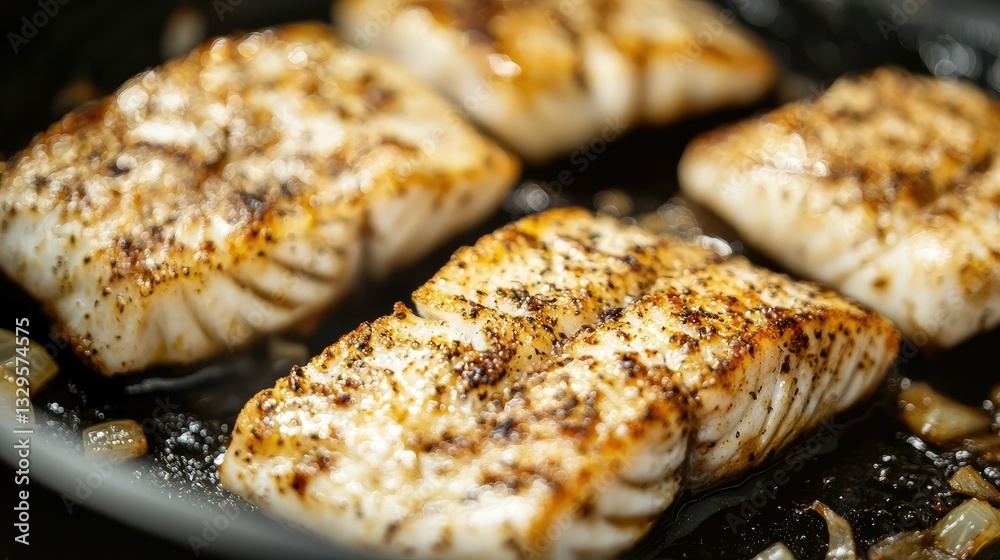 A close-up of fish fillets sizzling in a pan with paleo spices. A close-up of fish fillets sizzling in a pan with paleo spices.