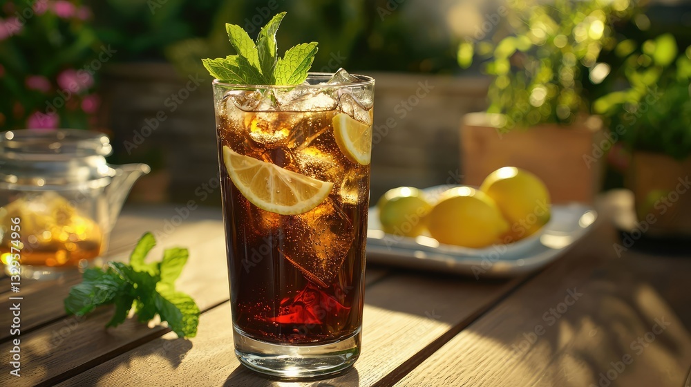 A tall glass of iced tea with lemon slices and mint leaves, placed on a summer table A tall glass of iced tea with lemon slices and mint leaves, placed on a summer table