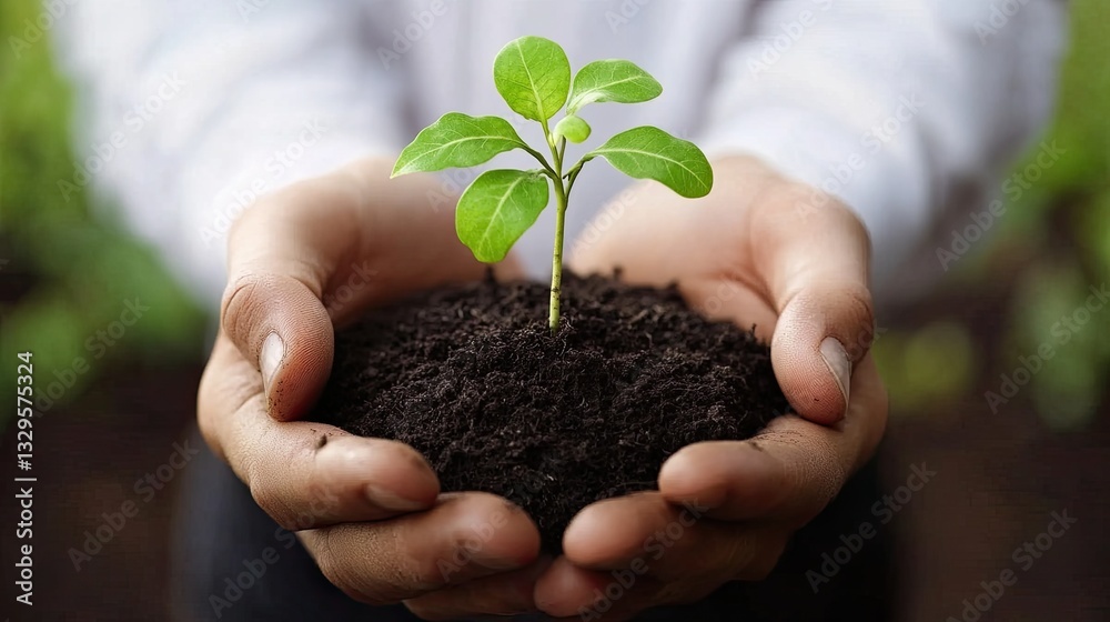 Tender Hands Gently Holding a Young Sprout Emerging from Rich Dark Soil Tender Hands Gently Holding a Young Sprout Emerging from Rich Dark Soil