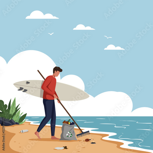 Man Cleaning Sandy Beach Carrying Surfboard with Trash Bag
