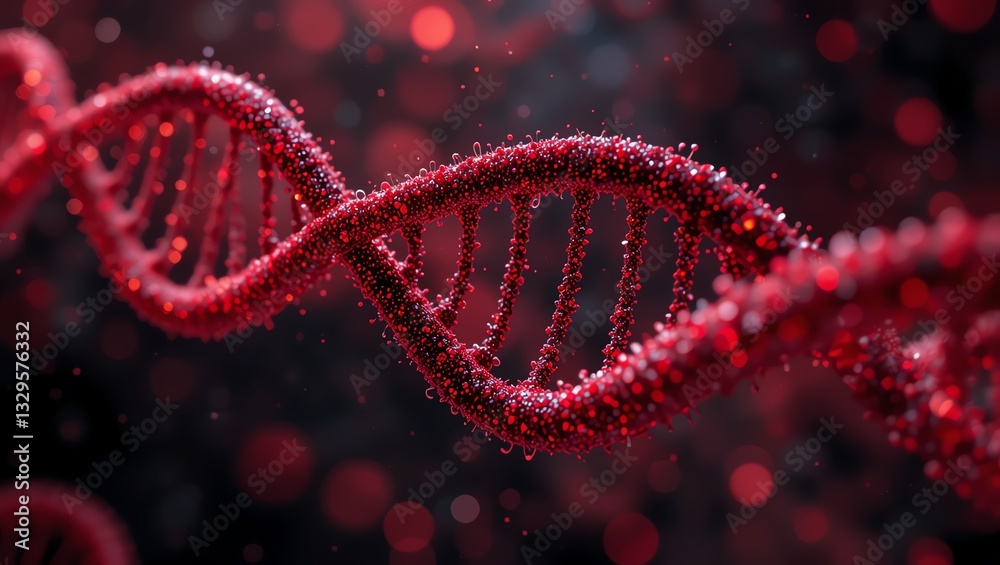 Obraz premium Close-up of a vibrant red DNA strand against a blurred background, symbolizing genetic research and molecular biology.