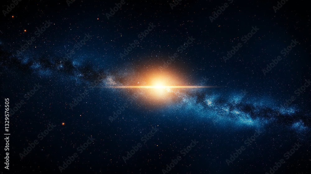 Fototapeta premium stunning cosmic scene featuring bright star at center of galaxy, surrounded by vast expanse of deep space filled with stars and nebulae