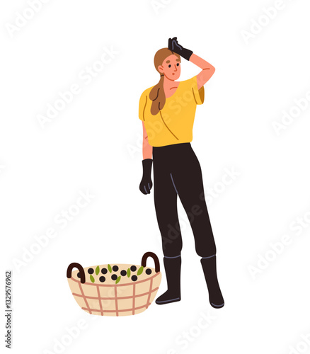 Agriculture worker standing near basket of gathered garden crop. Tired from work farmer wipes sweat. Woman picked up berries, farming harvest. Flat isolated vector illustration on white background.