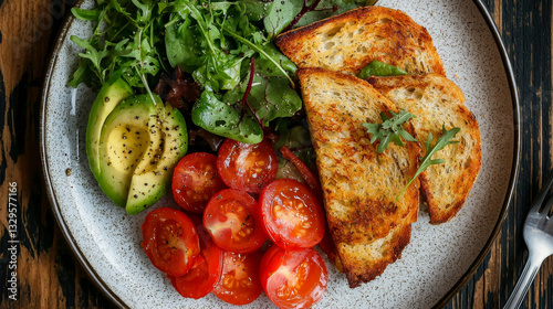 Toasted bread, avocado, cherry tomatoes, and mixed greens on a plate