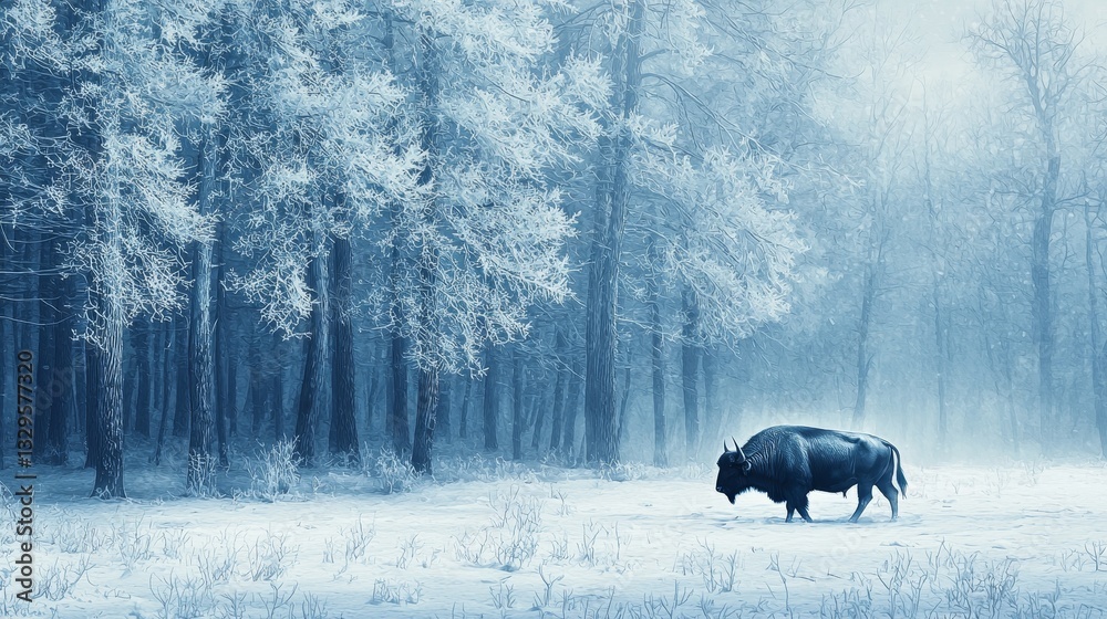 A lone buffalo walking through a frozen forest, frost-covered branches, cool blue tones, misty atmosphere, watercolor style, serene winter mood