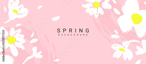 Abstract pink background with white flowers. Floral pattern for card, banner, poster.  Trendy vector illustration for decoration and greetings on Mother's Day, Women's Day, birthday, Easter 