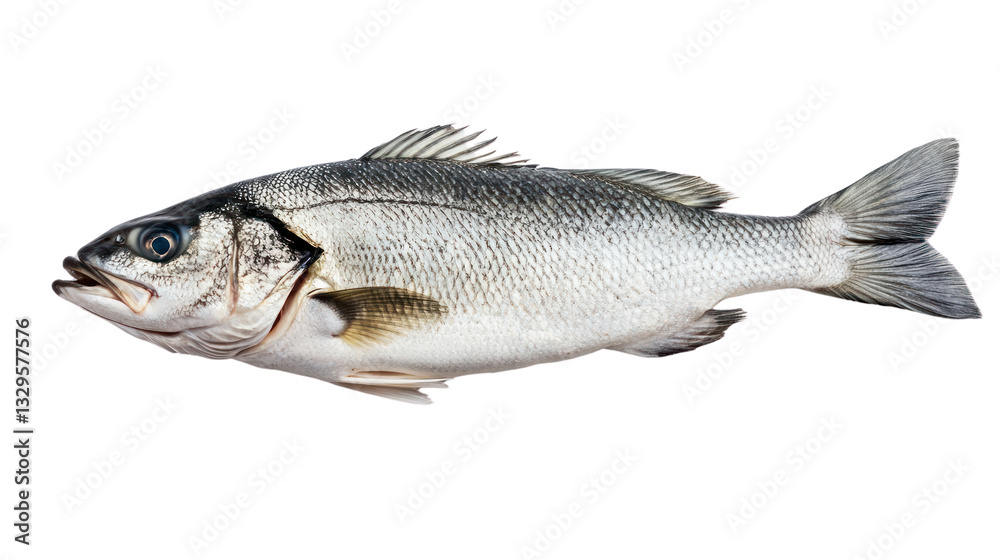 Fototapeta premium Fresh sea bass fish on white background, ideal for culinary presentations and recipes.