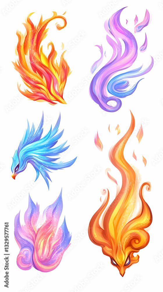 Colorful fire and mythical bird designs