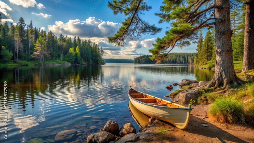 Fototapeta premium Canoe on the shore of the Boundary Waters in northern Minnesota, tree, wildlife, tree,wildlife,boundary waters,outdoors,lakes