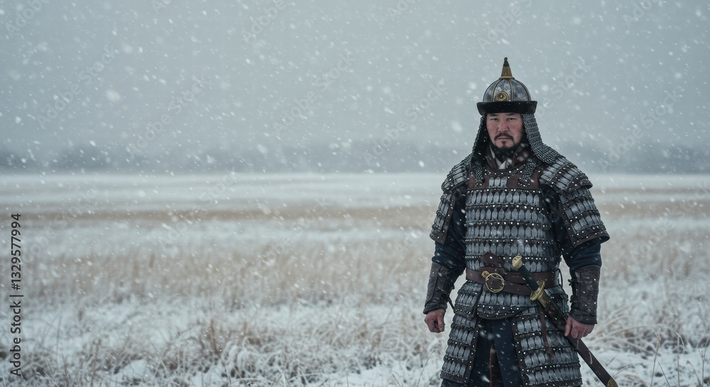 Naklejka premium A Mongolian warrior man wearing a typical Mongolian outfit, standing in the snow.