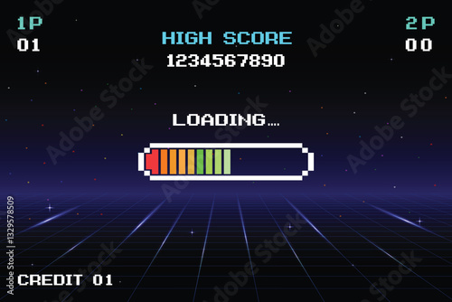 LOADING. pixel art. 8 bit game. Retro Futurism Sci-Fi Background. glowing neon grid and star from vintage arcade computer games.