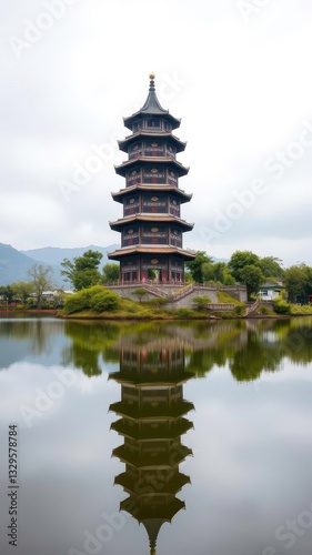  Dong Ethnic Drum Tower Overlooking a Serene Lake in Zhaoxing, Guizhou photo