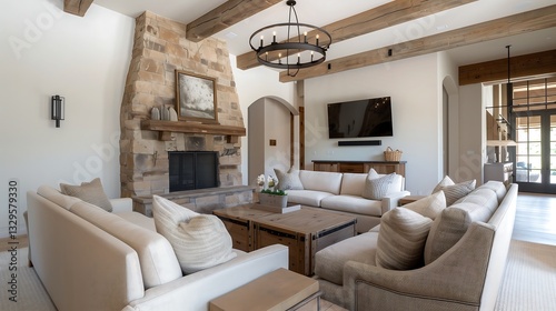 A rustic farmhouse living room with exposed wooden beams, a cozy beige sofa adorned with textured throw pillows, a stone fireplace with a wooden mantel, and vintage-style lighting