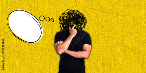 Thoughtful Man with a Messy Mind Against a Yellow Background