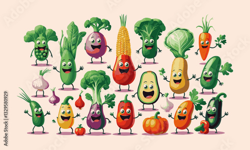 Modern vector-style illustration featuring anthropomorphic vegetables with expressive faces and limbs, easily editable.