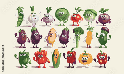 Modern vector-style illustration featuring anthropomorphic vegetables with expressive faces and limbs, easily editable.