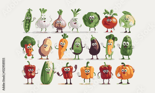 Modern vector-style illustration featuring anthropomorphic vegetables with expressive faces and limbs, easily editable.