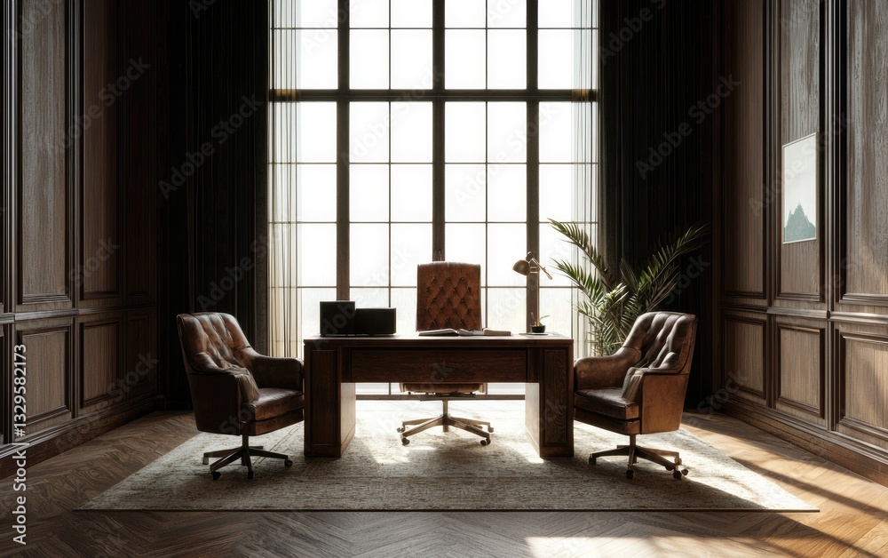 Fototapeta premium Dark Brown Office Interior with Large Window Wood Desk Leather Chairs and Sunlit Rug