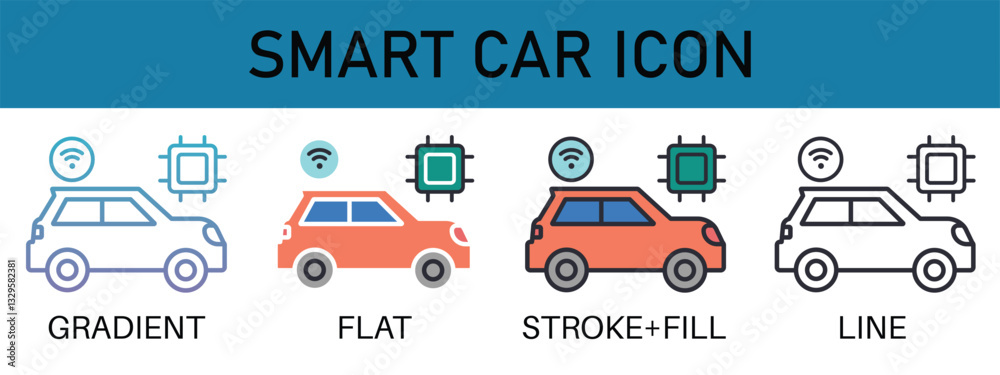 Obraz premium Vector set of AI-powered smart car icons in gradient, flat, stroke fill, and line styles. Represents automotive AI, autonomous vehicles, and digital mobility for transportation and innovation designs.
