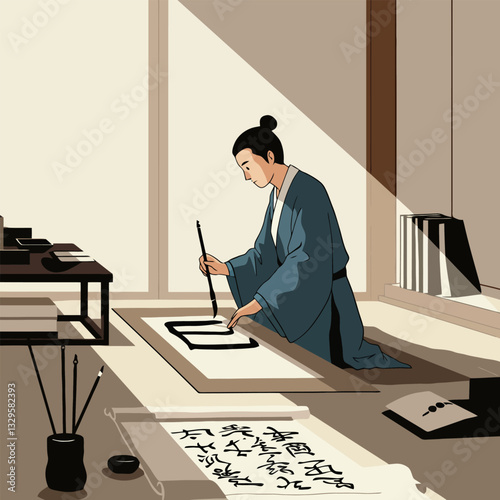 Man Writing Chinese Calligraphy with Ink Brush in Traditional Setting