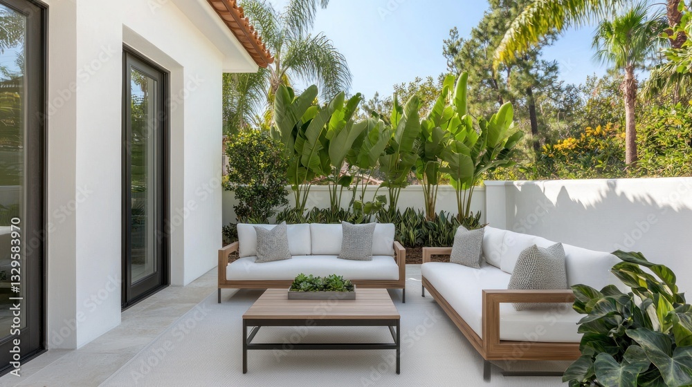 Obraz premium Modern living room patio with outdoor furniture and plants contemporary design bright environment