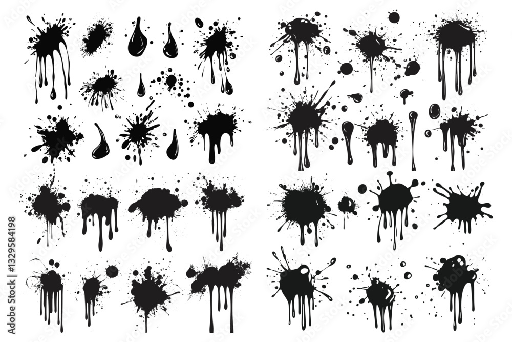 Black ink splatter vector set isolated on a white background, a collection of Black ink paint spots design elements. Black ink splatter vector set isolated on a white background, a collection of Black ink paint spots design elements.