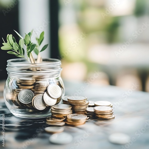 Saving money and growing financial wellness indoor plants and coins in an eco-friendly still life