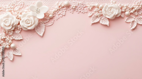 White floral arrangement on a light pink background is shown