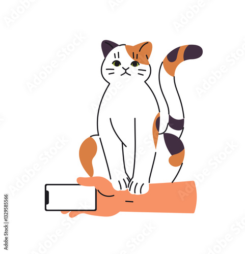 Cute cat disturbs the owner, sits on hand with phone. Funny kitten annoys, asks attention. Happy pet seeking love. Amusing domestic animal. Flat isolated vector illustration on white background