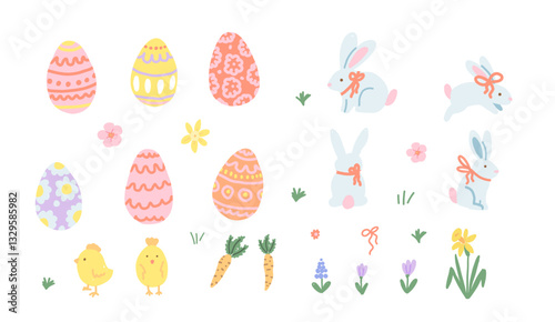 Hand Drawn Easter Set. Illustration of Easter Eggs, Bunnies, Chicks, and Flowers.