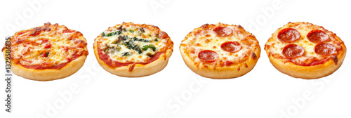 Freshly baked mini pizzas arranged side by side display a range of toppings including pepperoni, vegetables, and cheeses. Perfect for a casual meal or gathering, they invite everyone to enjoy