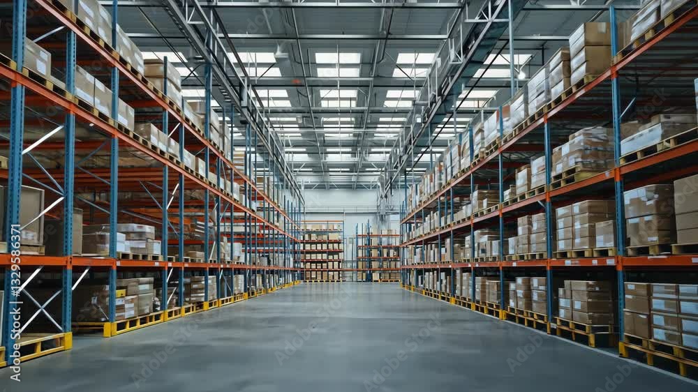 Vast Warehouse Interior: Rows of Pallets and Boxes Vast Warehouse Interior: Rows of Pallets and Boxes
