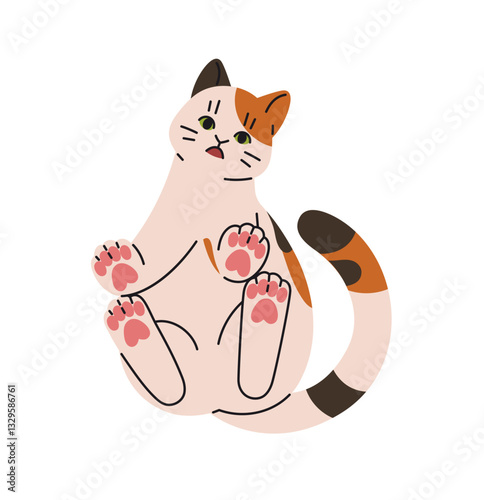 Funny kitty with shocked, wondering muzzle sits on glass bottom view. Cute kitten with surprised, silly face. Goofy cat staring. Pet behavior. Flat isolated vector illustration on white background