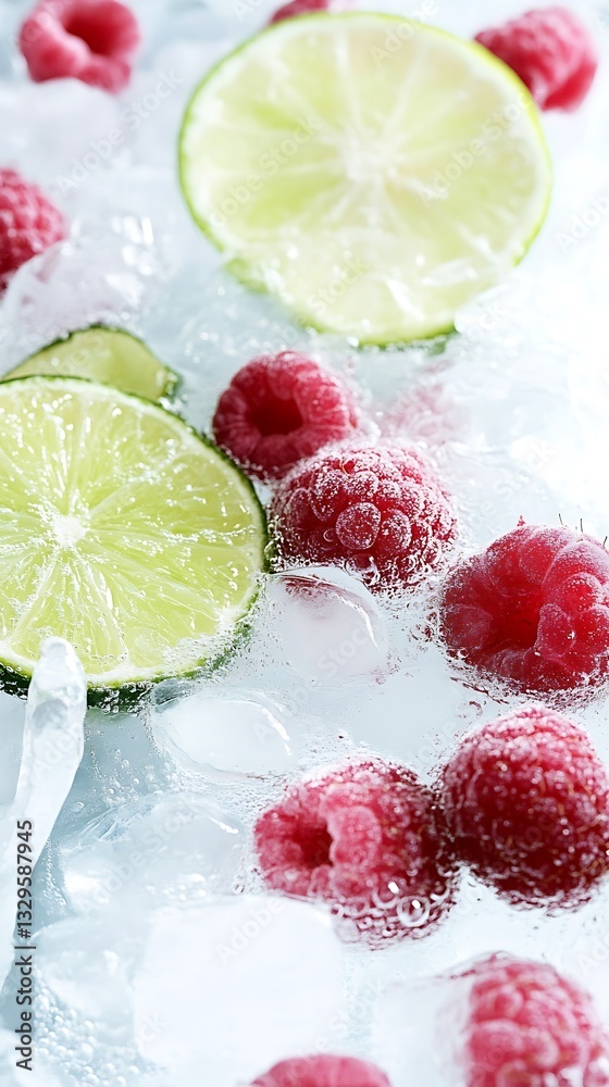 Refreshing summer drink with raspberries and lime on ice food photography bright refreshing delicious Refreshing summer drink with raspberries and lime on ice food photography bright refreshing delicious