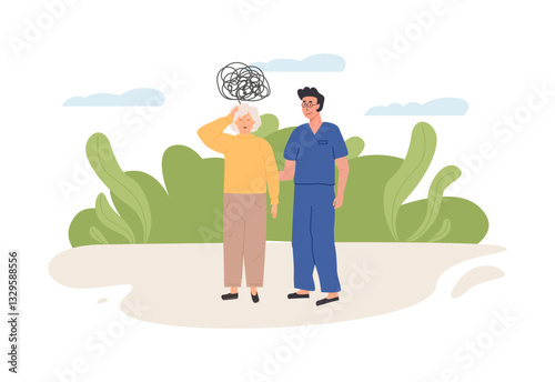 Elderly woman with memory loss receiving support from a caregiver outdoors. A nurse or doctor helping old lady. Scene of social worker with senior person. Assisted living concept. Vector illustration.