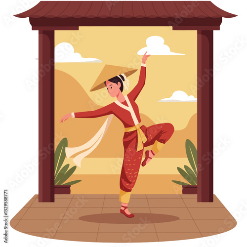 Woman Dancing in Traditional Costume Under a Building Structure